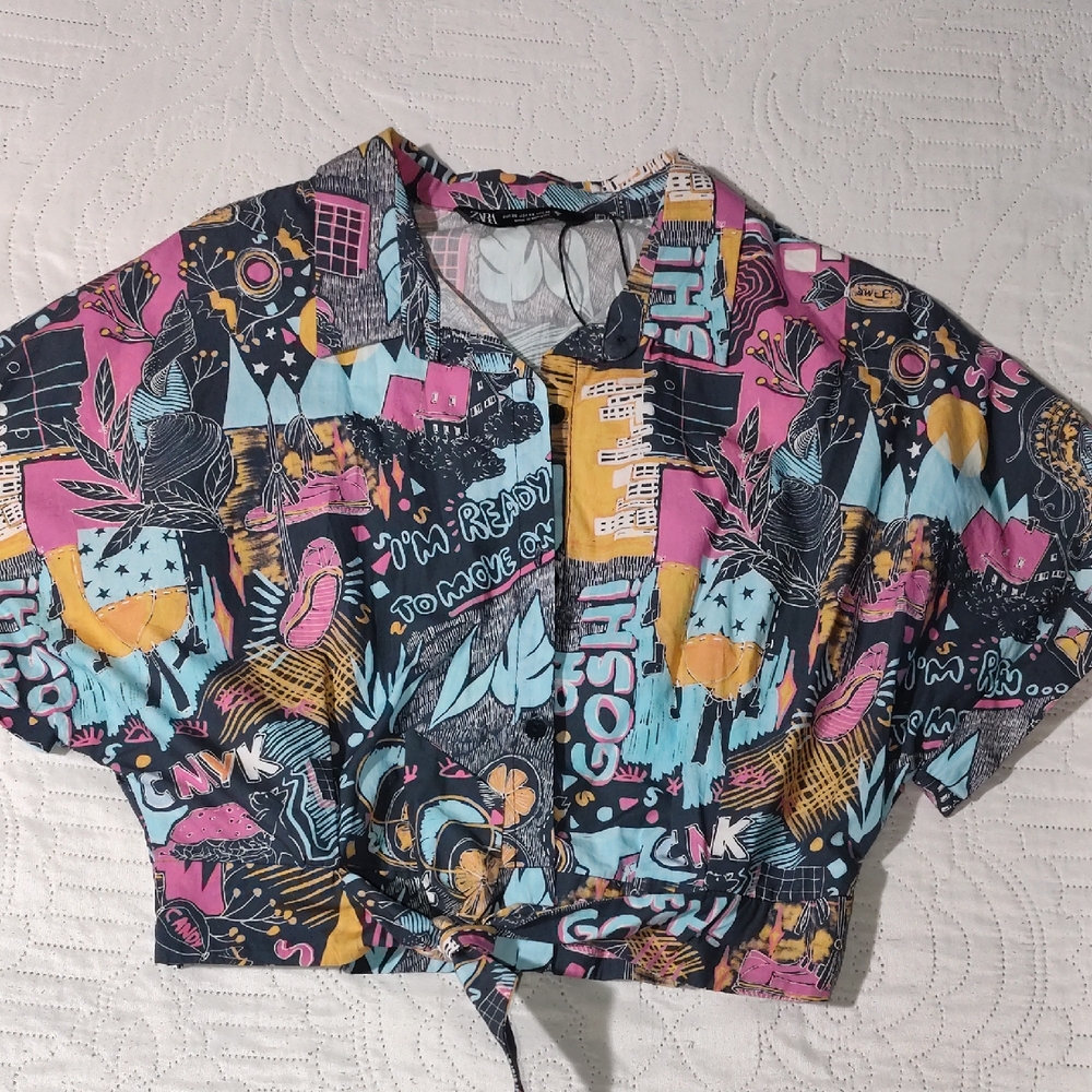 Zara Teal, Pink & Yellow Graphic Tie-Front Crop Top